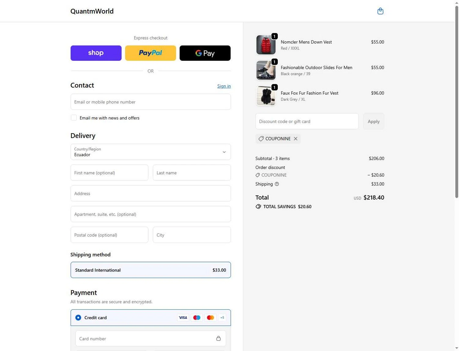 Quantm World promo code screenshot showing code COUPONINE applied at Quantm World checkout page. Uploaded by SimplyCodes community member Andaspendientedeunovale on May 31, 2026
