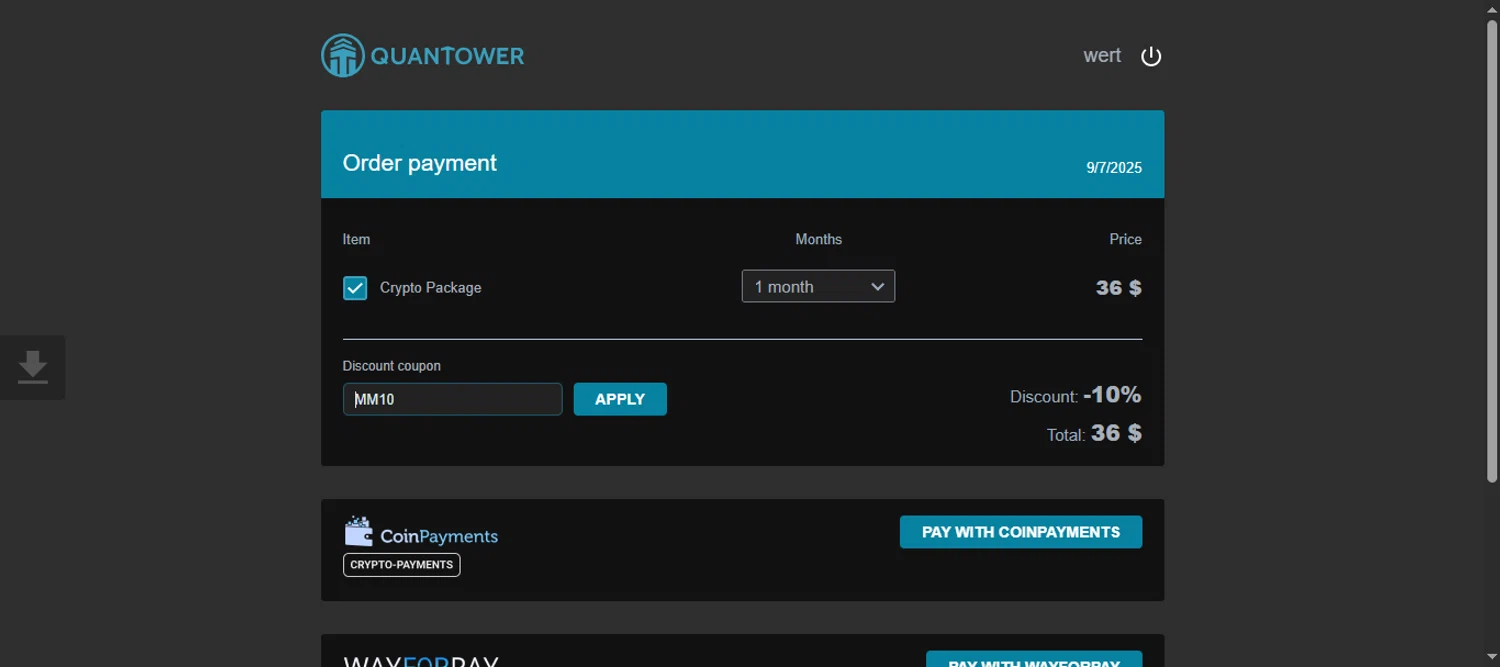 Quantower discount code screenshot showing code MM10 applied at Quantower checkout page. Uploaded by SimplyCodes community member 111111 on Sep 7, 2025