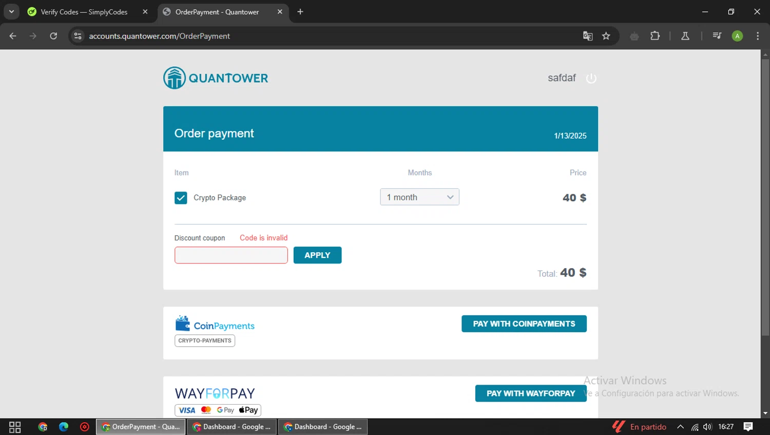 Quantower discount code screenshot showing code BF-25 applied at Quantower checkout page. Uploaded by SimplyCodes community member SwiftFox3743 on Jan 13, 2025