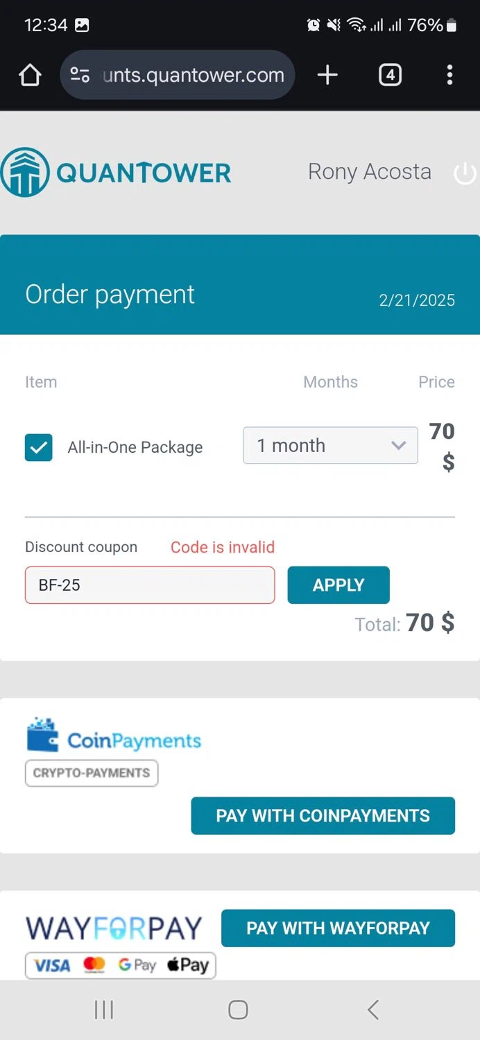 Quantower discount code screenshot showing code BF-25 applied at Quantower checkout page. Uploaded by SimplyCodes community member ronyacosta on Feb 21, 2025