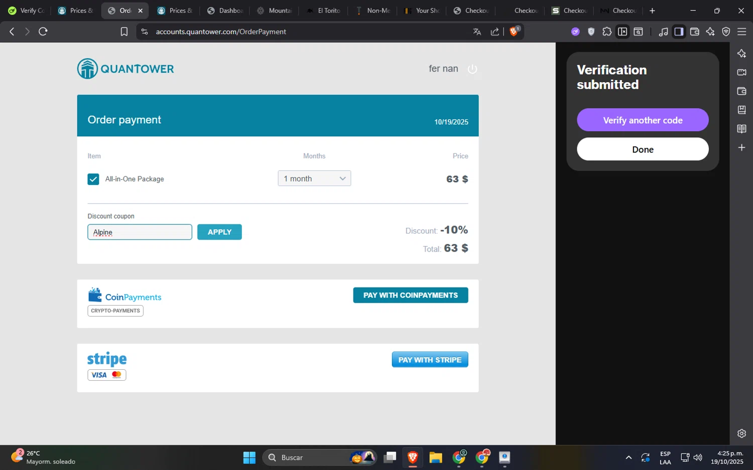 Quantower discount code screenshot showing code ALPINE applied at Quantower checkout page. Uploaded by SimplyCodes community member SucreX on Oct 19, 2025