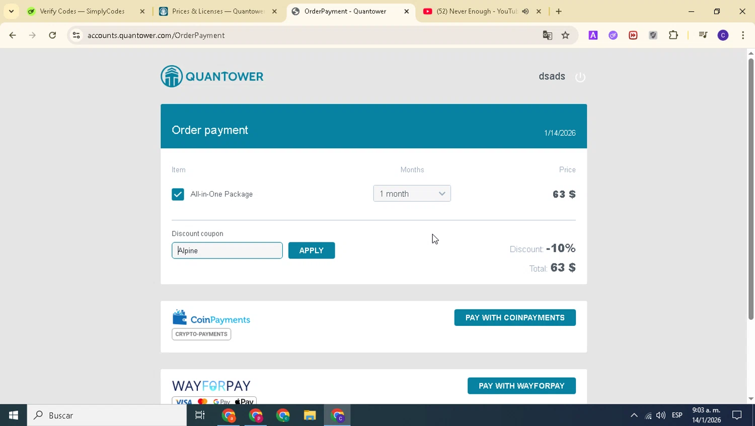 Quantower checkout page showing Quantower discount code box | Screenshot taken by SimplyCodes community member on Jan 14, 2026