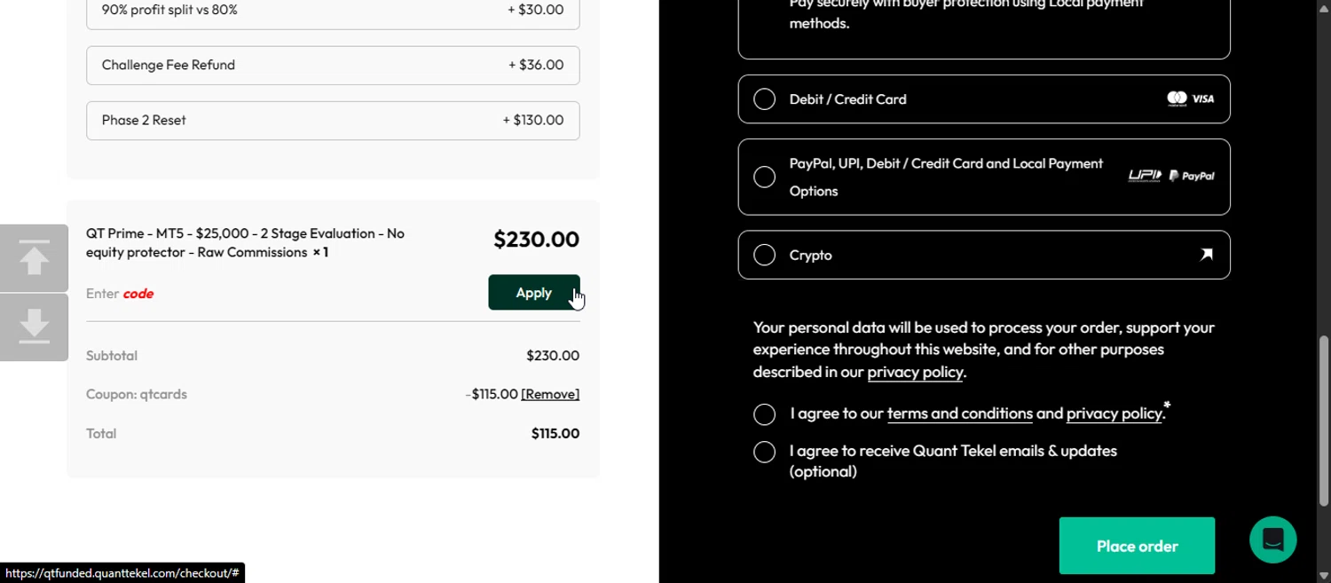 Quant Tekel promo code screenshot showing code QTCARDS applied at Quant Tekel checkout page. Uploaded by SimplyCodes community member 111111 on Nov 15, 2025