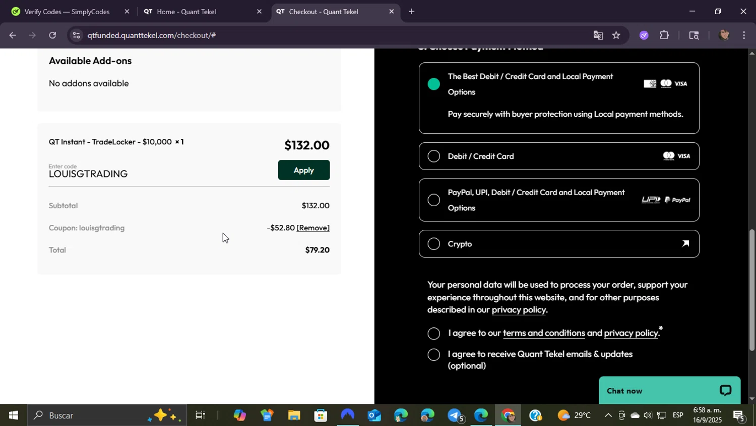 Quant Tekel promo code screenshot showing code LOUISGTRADING applied at Quant Tekel checkout page. Uploaded by SimplyCodes community member ShieldEagle9436 on Sep 16, 2025