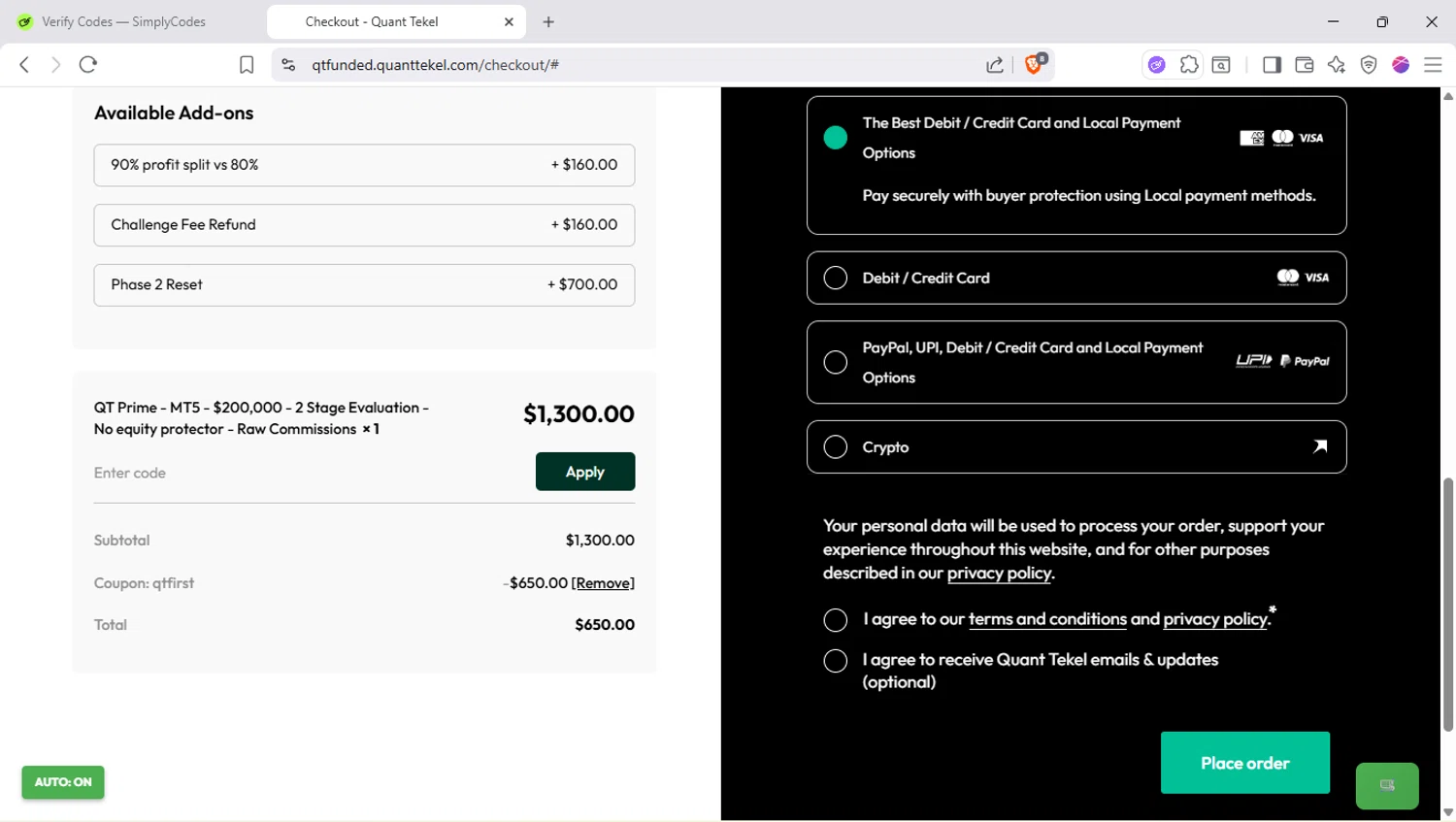 Quant Tekel promo code screenshot showing code QTFIRST applied at Quant Tekel checkout page. Uploaded by SimplyCodes community member SapeGato on Nov 16, 2025