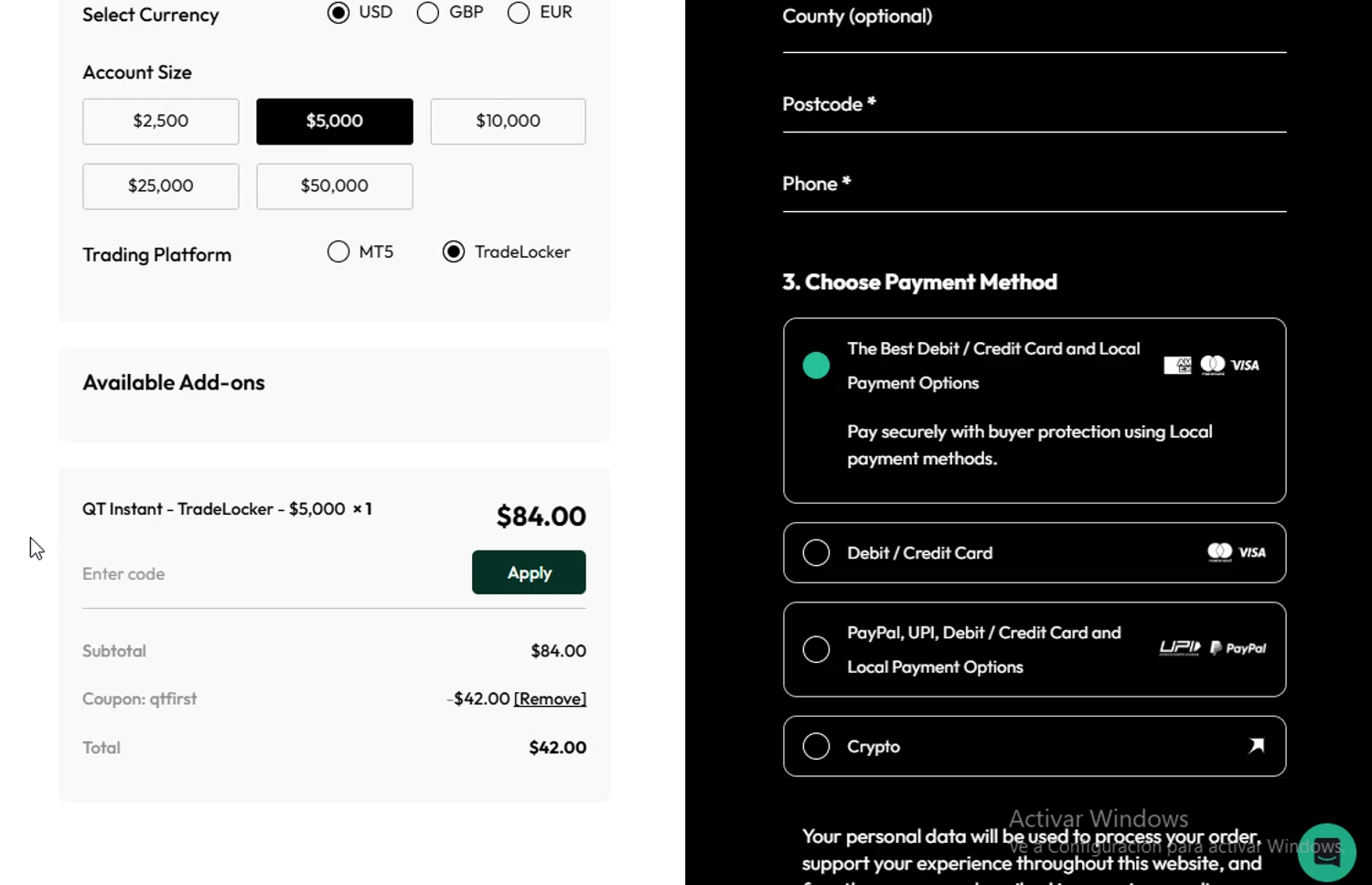 Quant Tekel promo code screenshot showing code QTFIRST applied at Quant Tekel checkout page. Uploaded by SimplyCodes community member ligthYA on Oct 18, 2025