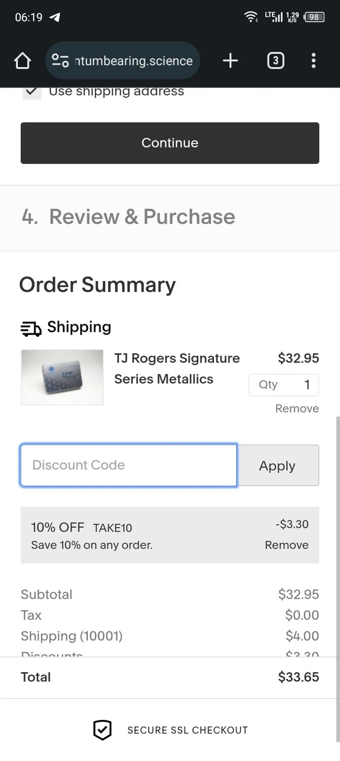 Quantum Bearing Science LLC checkout page showing Quantum Bearing Science LLC promo code box | Screenshot taken by SimplyCodes community member on Oct 19, 2023