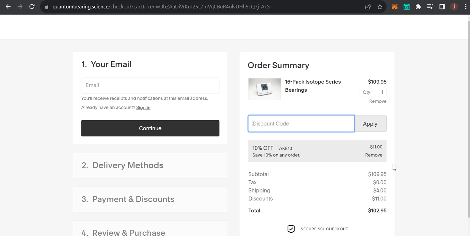Quantum Bearing Science LLC checkout page showing Quantum Bearing Science LLC promo code box | Screenshot taken by SimplyCodes community member on Sep 20, 2023