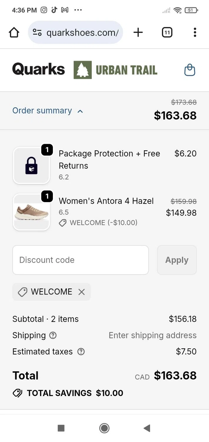 Quarks Shoes promo code screenshot showing code WELCOME applied at Quarks Shoes checkout page. Uploaded by SimplyCodes community member zaidaelena on Nov 18, 2025