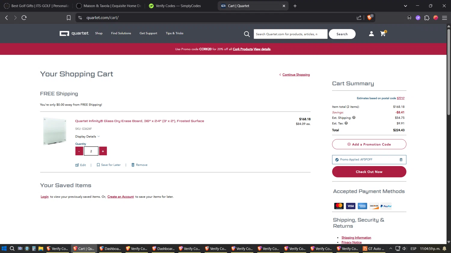 Quartet promo code screenshot showing code AF5POFF applied at Quartet checkout page. Uploaded by SimplyCodes community member verifier_983798000 on Jun 20, 2025