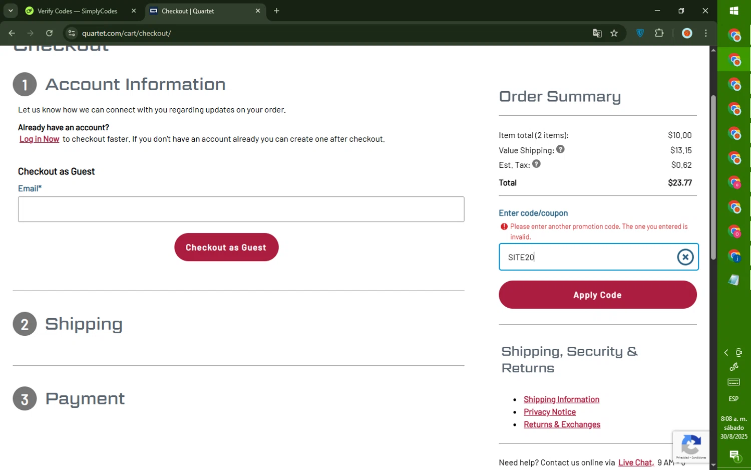 Quartet promo code screenshot showing code SITE20 applied at Quartet checkout page. Uploaded by SimplyCodes community member CashMaverick8128 on Aug 30, 2025