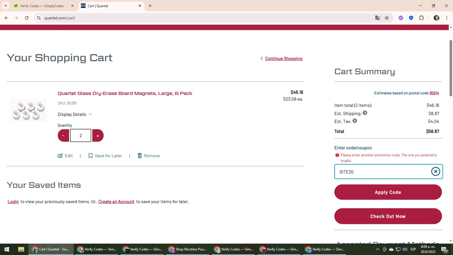 Quartet promo code screenshot showing code SITE20 applied at Quartet checkout page. Uploaded by SimplyCodes community member CleverLynx6871 on Aug 30, 2025
