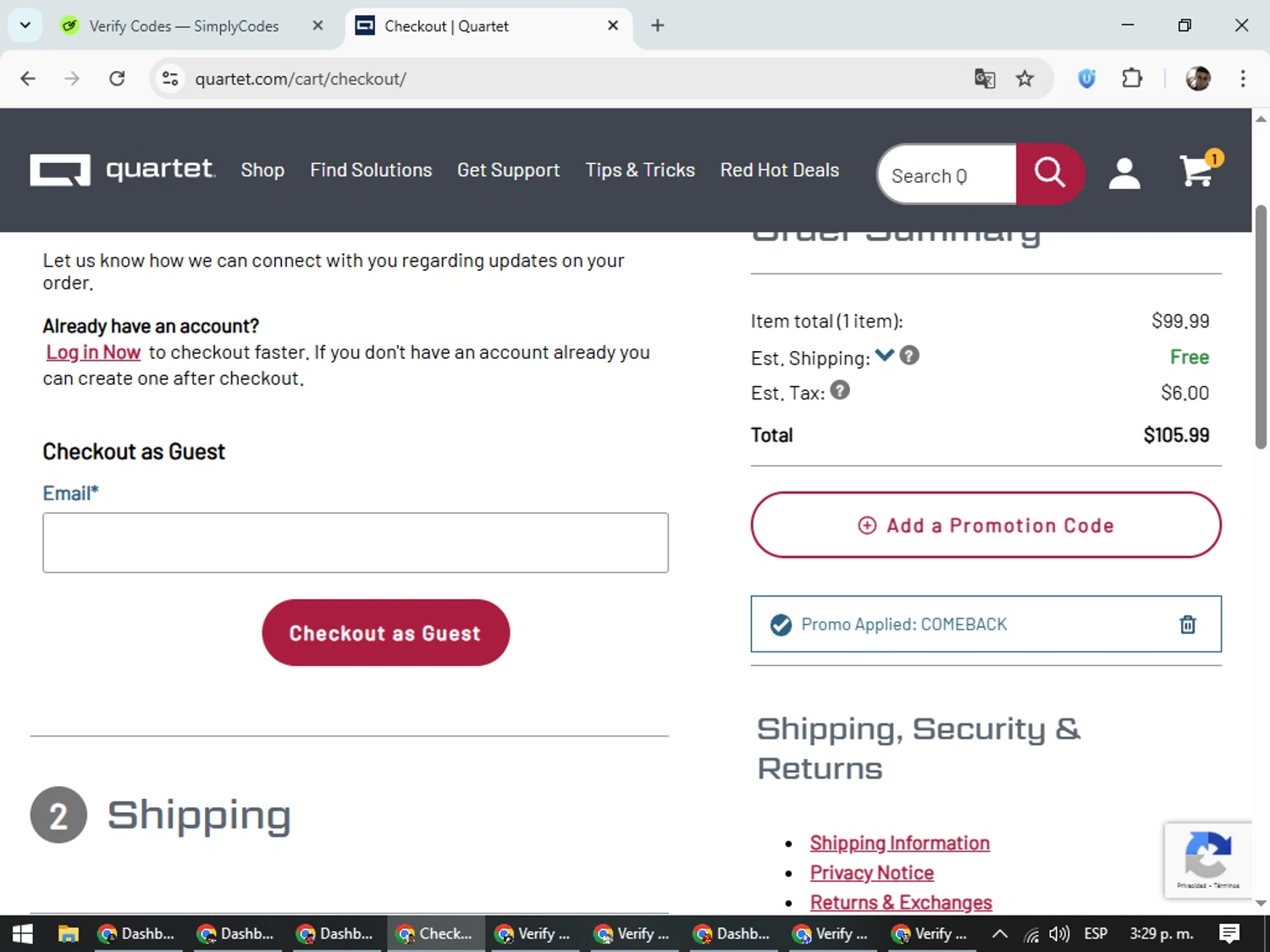 Quartet promo code screenshot showing code COMEBACK applied at Quartet checkout page. Uploaded by SimplyCodes community member DiscountSeeker682 on Nov 2, 2025