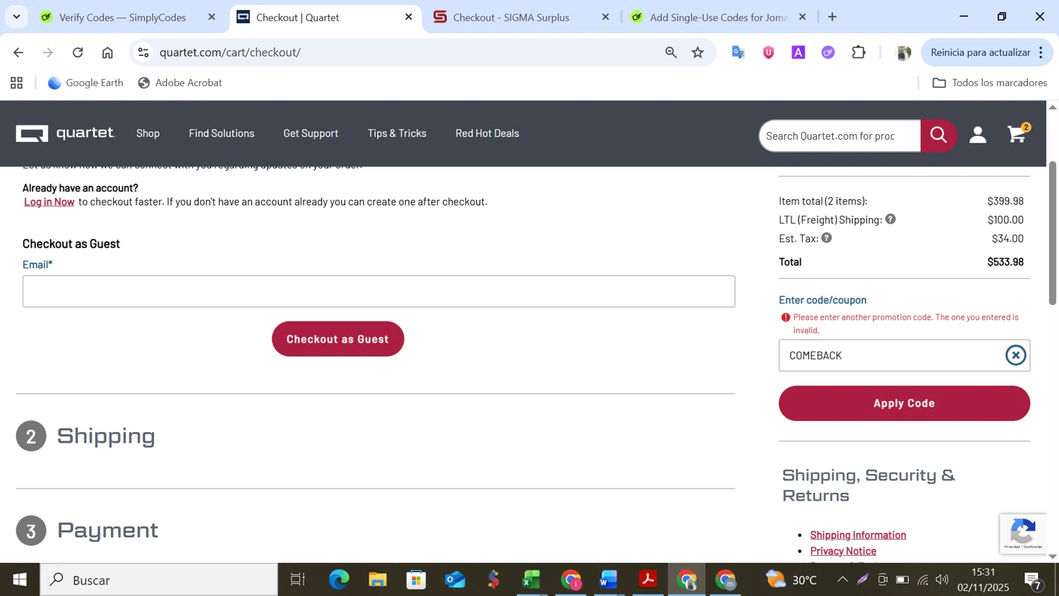 Quartet promo code screenshot showing code COMEBACK applied at Quartet checkout page. Uploaded by SimplyCodes community member NobleMonarch5837 on Nov 2, 2025