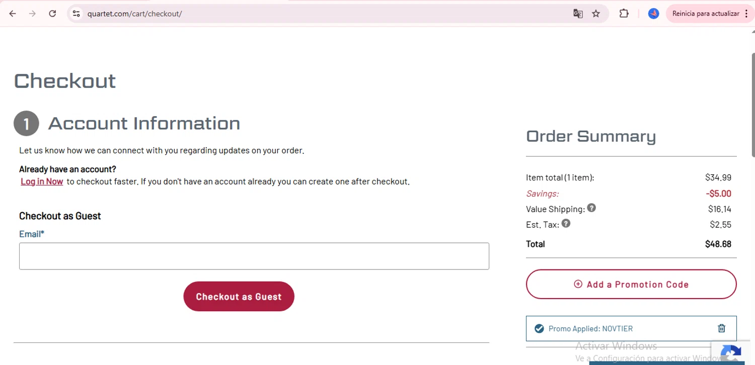 Quartet checkout page showing Quartet promo code box | Screenshot taken by SimplyCodes community member on Nov 7, 2025