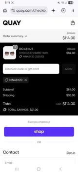 NINASY20 coupon verification screenshot