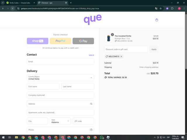 que Bottle checkout page showing que Bottle promo code box | Screenshot taken by SimplyCodes community member on Aug 15, 2025