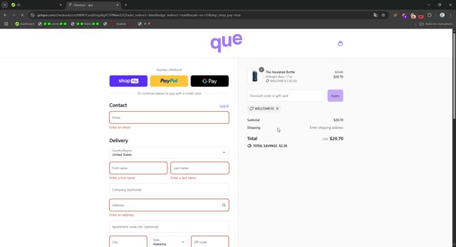 que Bottle checkout page showing que Bottle promo code box | Screenshot taken by SimplyCodes community member on Jul 30, 2025