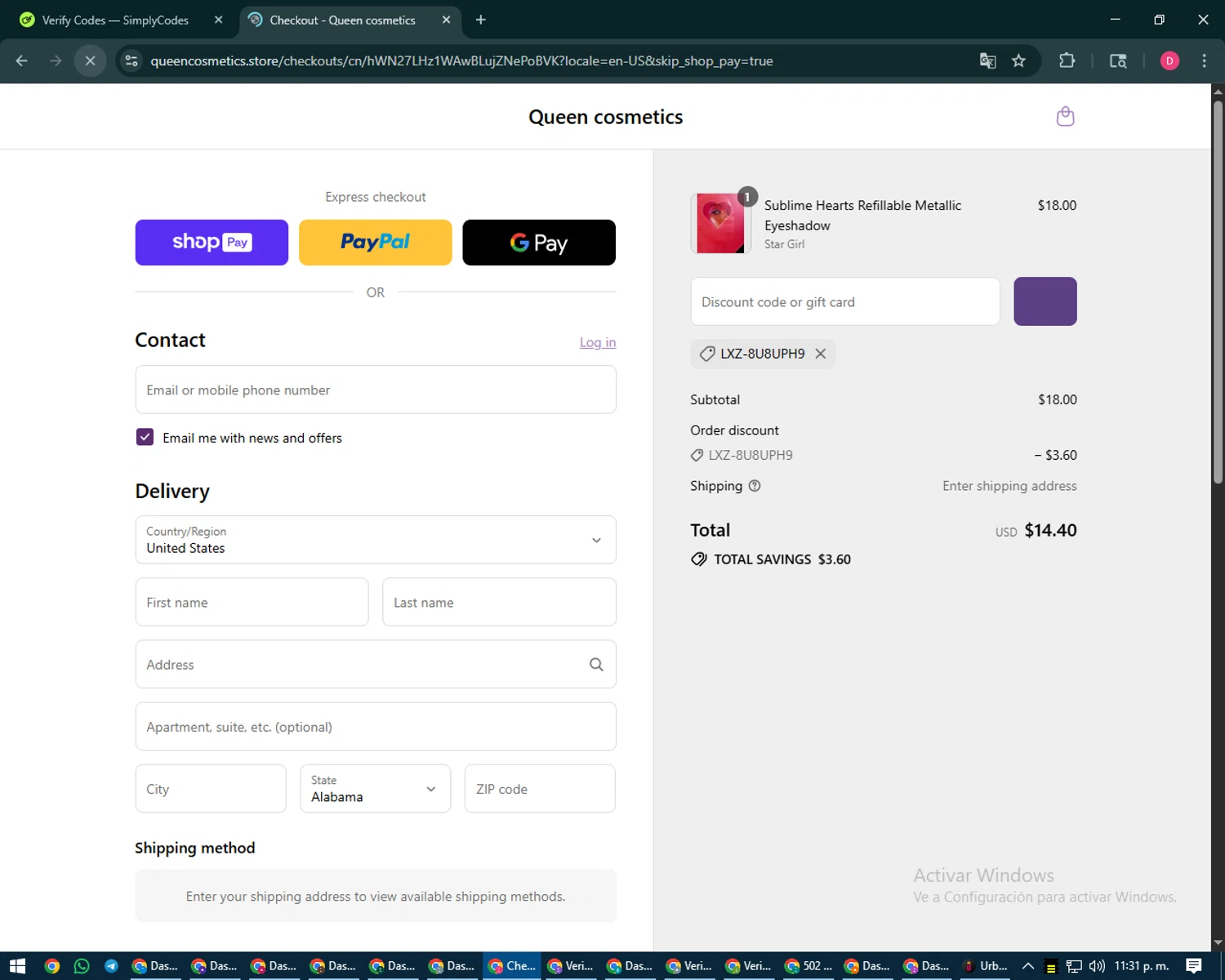 Queen cosmetics discount code screenshot showing code LXZ-8U8UPH9 applied at Queen cosmetics checkout page. Uploaded by SimplyCodes community member MoneySeeker7165 on Aug 23, 2025