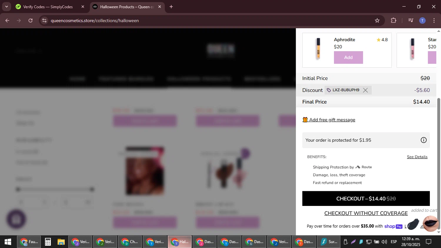 Queen cosmetics discount code screenshot showing code LXZ-8U8UPH9 applied at Queen cosmetics checkout page. Uploaded by SimplyCodes community member snidertom8 on Oct 28, 2025