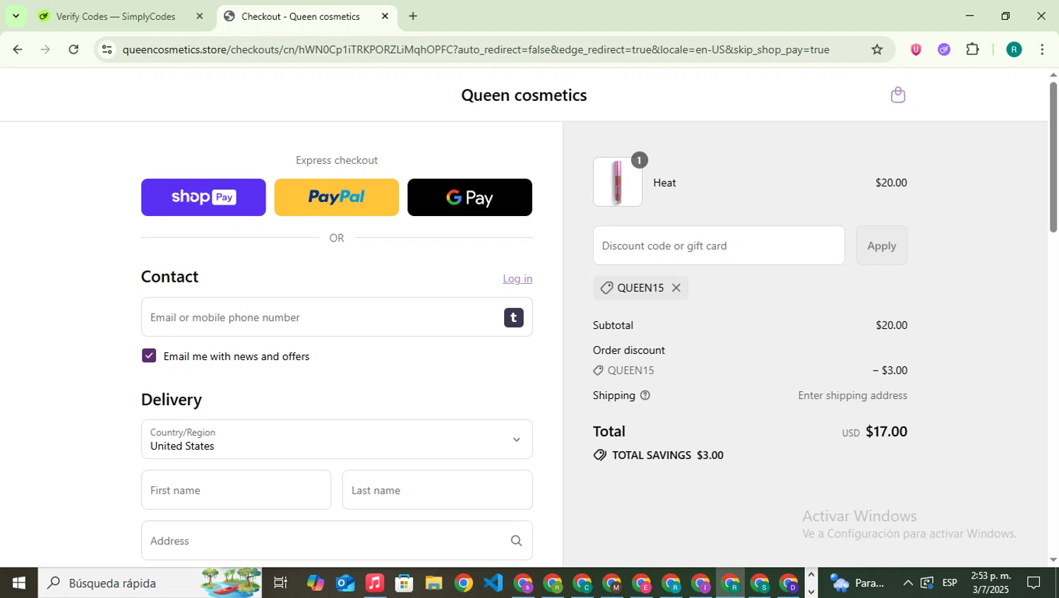 Queen cosmetics discount code screenshot showing code QUEEN15 applied at Queen cosmetics checkout page. Uploaded by SimplyCodes community member SavingsLegend387 on Jul 3, 2025