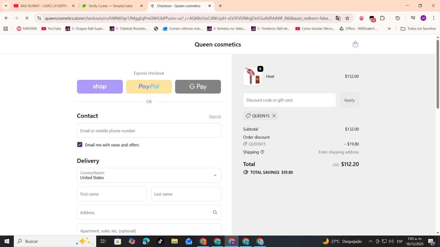 Queen cosmetics discount code screenshot showing code QUEEN15 applied at Queen cosmetics checkout page. Uploaded by SimplyCodes community member cod_gakpo on Dec 18, 2025
