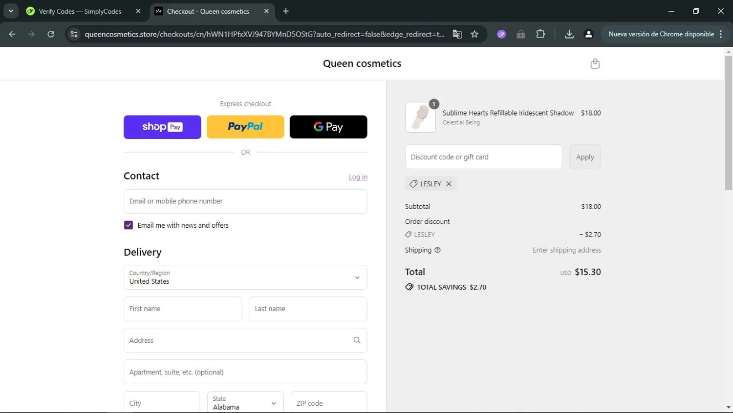 Queen cosmetics discount code screenshot showing code LESLEY applied at Queen cosmetics checkout page. Uploaded by SimplyCodes community member RoyalOwl5790 on Aug 1, 2025
