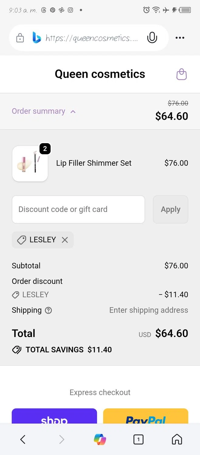 Queen cosmetics discount code screenshot showing code LESLEY applied at Queen cosmetics checkout page. Uploaded by SimplyCodes community member danyx_gx on Jan 3, 2026