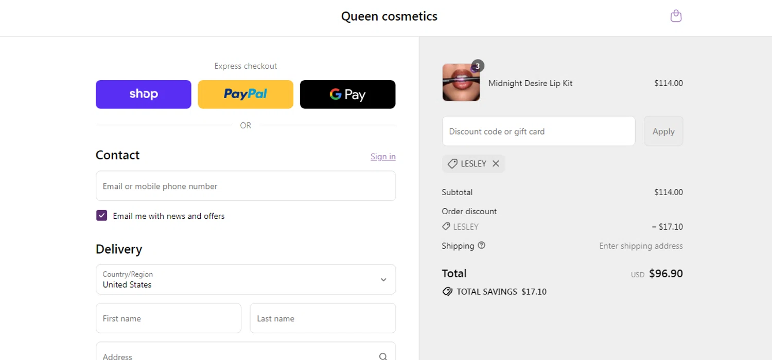 Queen cosmetics discount code screenshot showing code LESLEY applied at Queen cosmetics checkout page. Uploaded by SimplyCodes community member yilmamalave on Sep 12, 2025