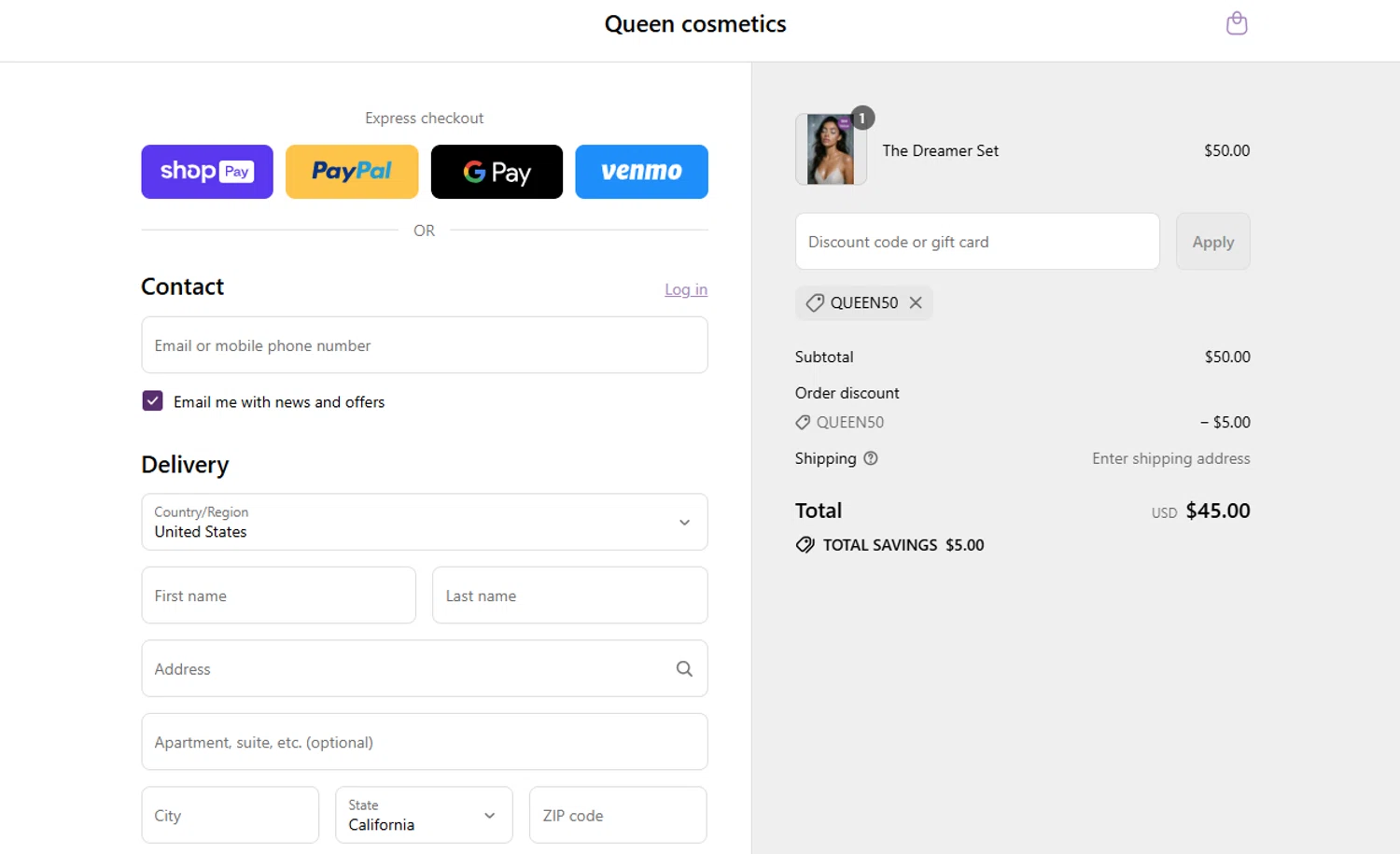 Queen cosmetics discount code screenshot showing code QUEEN50 applied at Queen cosmetics checkout page. Uploaded by SimplyCodes community member QuestNavigator1687 on Aug 27, 2025