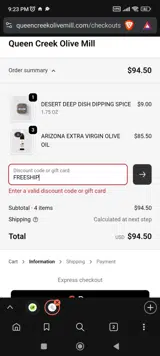 Queen Creek Olive Mill coupon verification screenshot