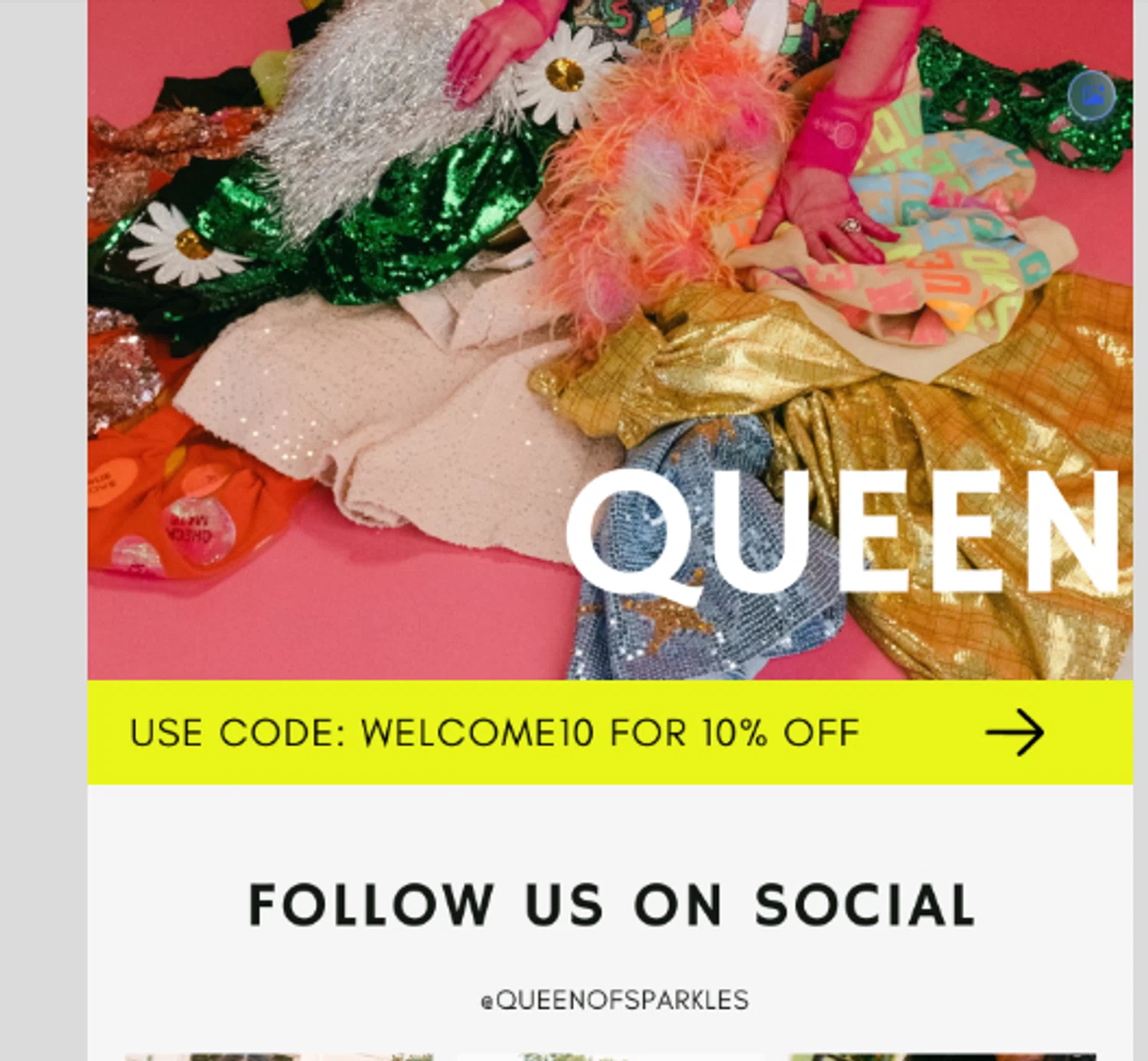 Queen of Sparkles discount code screenshot showing code WELCOME10 applied at Queen of Sparkles checkout page. Uploaded by SimplyCodes community member 111111 on Nov 29, 2025