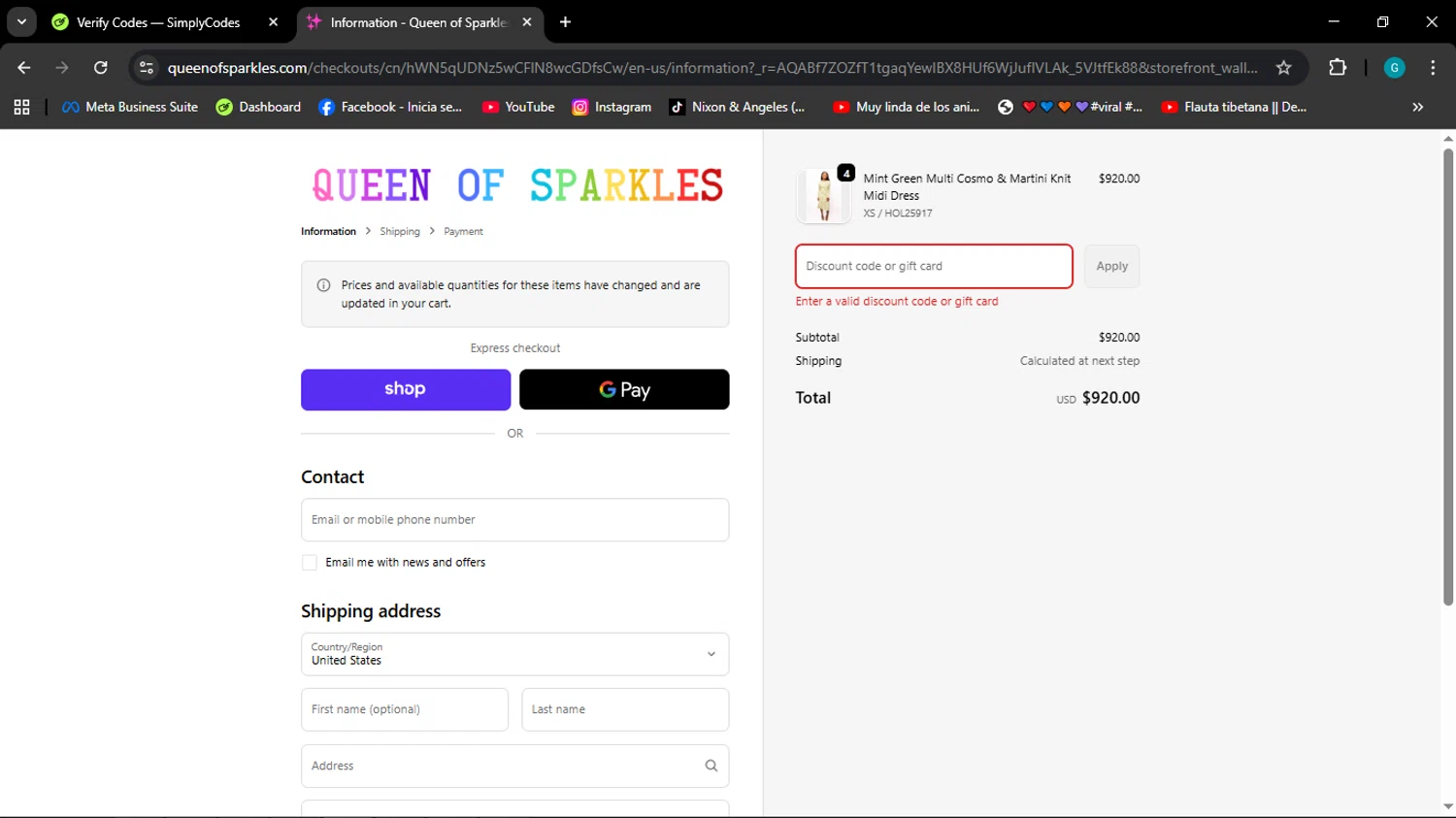 Queen of Sparkles discount code screenshot showing code WELCOME10 applied at Queen of Sparkles checkout page. Uploaded by SimplyCodes community member ELROJO on Nov 29, 2025