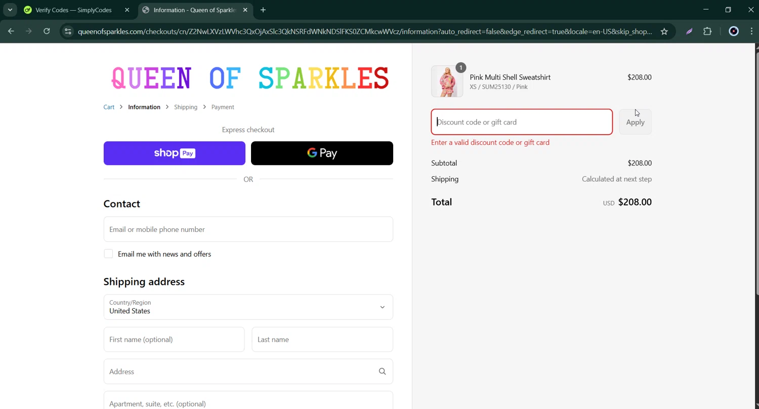 Queen of Sparkles discount code screenshot showing code HARLEIGH15 applied at Queen of Sparkles checkout page. Uploaded by SimplyCodes community member Bernard_Lowe on May 26, 2025