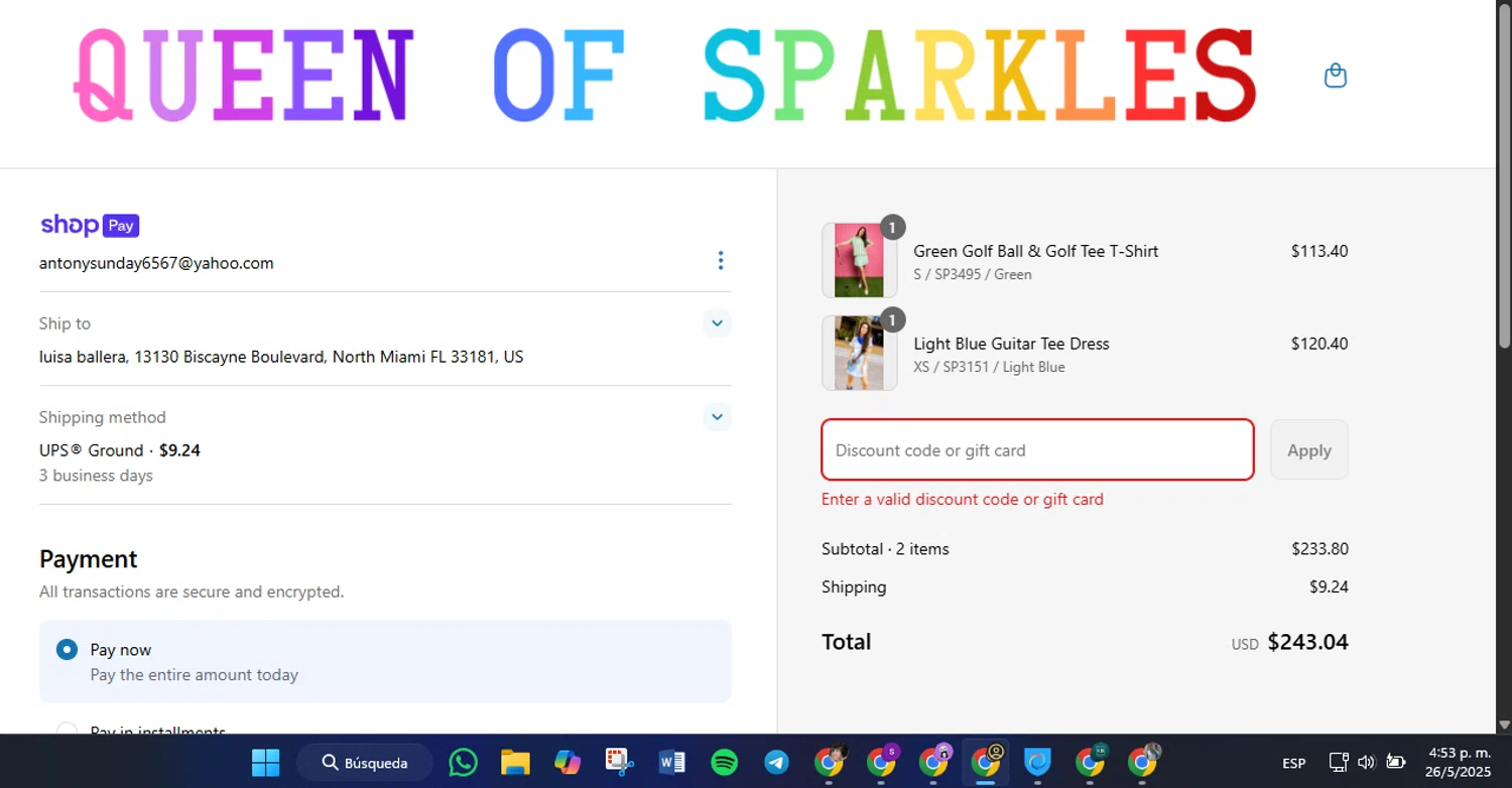 Queen of Sparkles discount code screenshot showing code HARLEIGH15 applied at Queen of Sparkles checkout page. Uploaded by SimplyCodes community member CleverLynx5188 on May 26, 2025