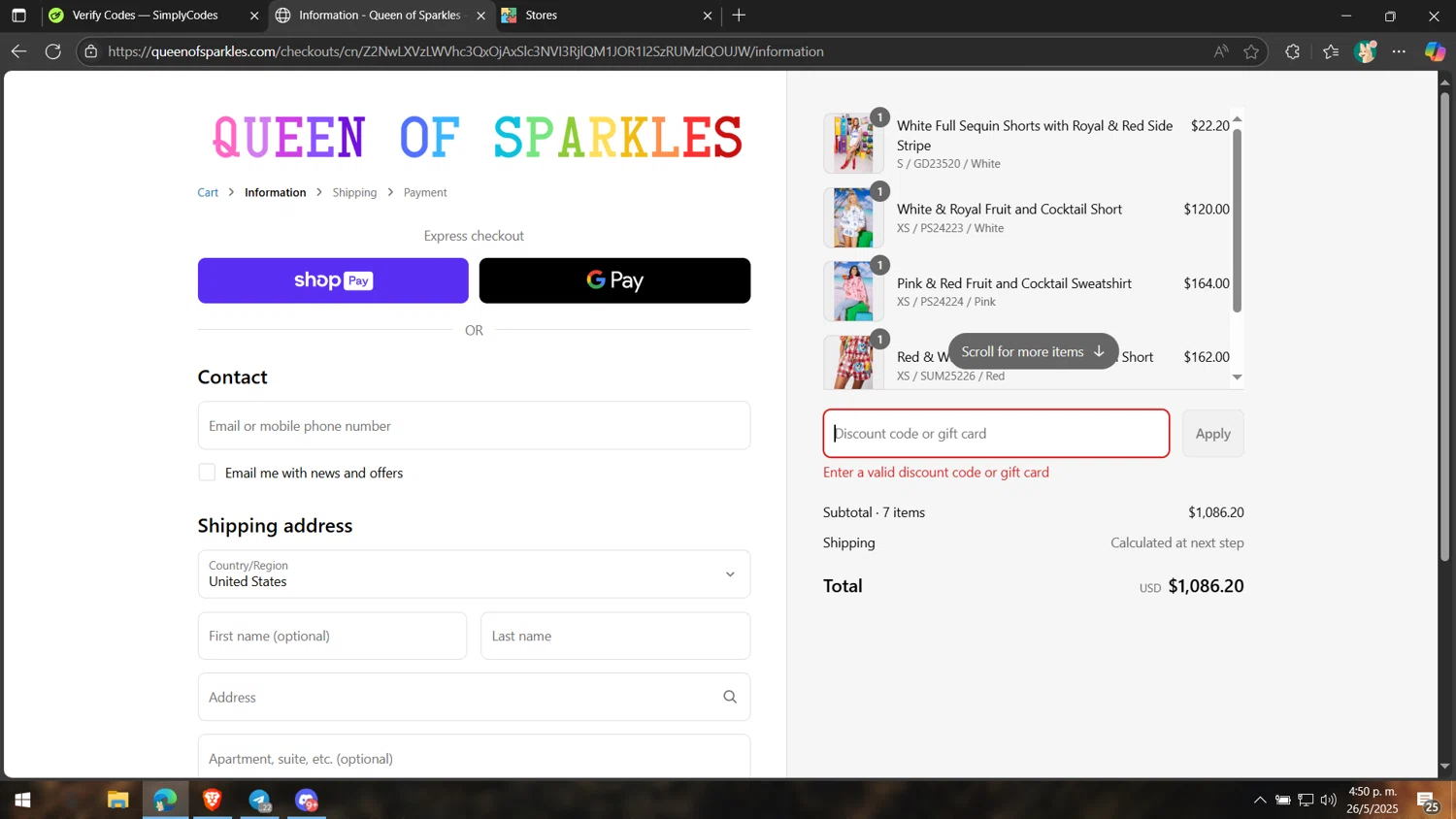 Queen of Sparkles discount code screenshot showing code SHANNON15 applied at Queen of Sparkles checkout page. Uploaded by SimplyCodes community member Henyo36 on May 26, 2025