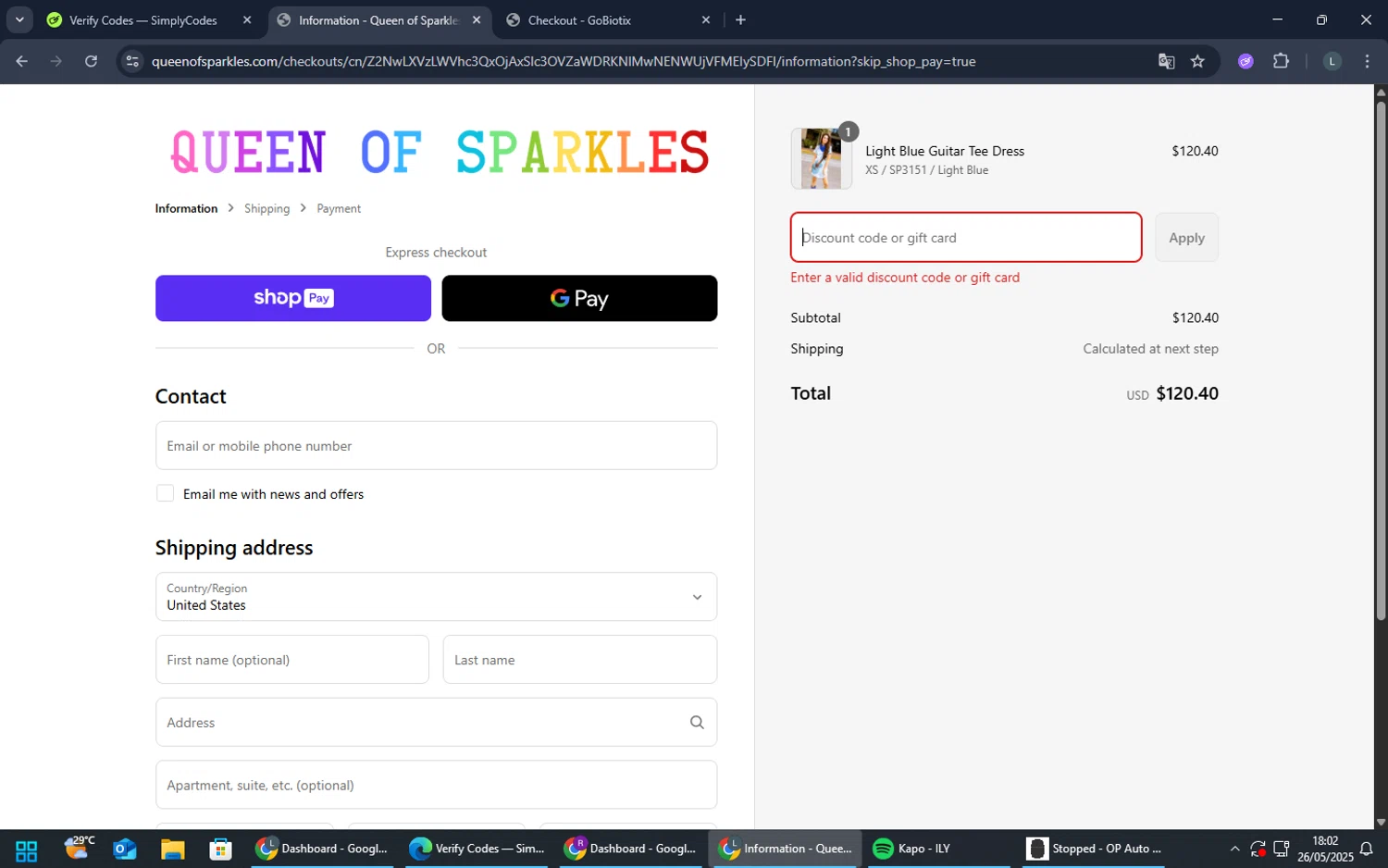 Queen of Sparkles discount code screenshot showing code SHANNON15 applied at Queen of Sparkles checkout page. Uploaded by SimplyCodes community member TreasureMaestro5377 on May 26, 2025