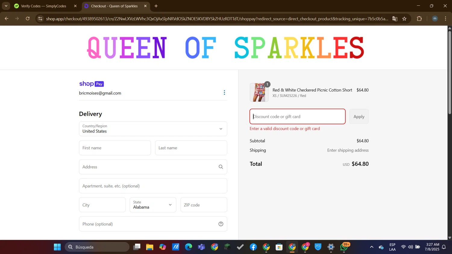 Queen of Sparkles discount code screenshot showing code QUEEN15 applied at Queen of Sparkles checkout page. Uploaded by SimplyCodes community member DTBERA2024 on Jul 8, 2025