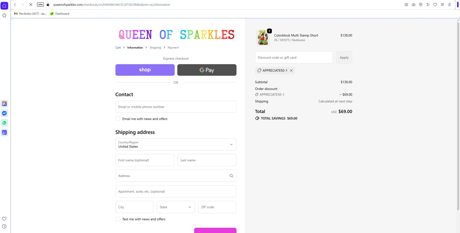 Queen of Sparkles checkout page showing Queen of Sparkles discount code box | Screenshot taken by SimplyCodes community member on Feb 13, 2026