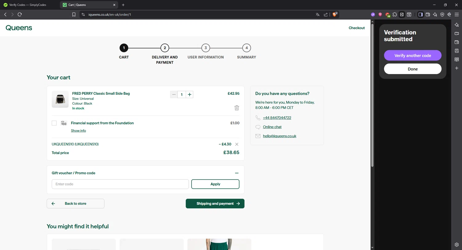 Queens UK checkout page showing Queens UK promo code box | Screenshot taken by SimplyCodes community member on Jul 21, 2025