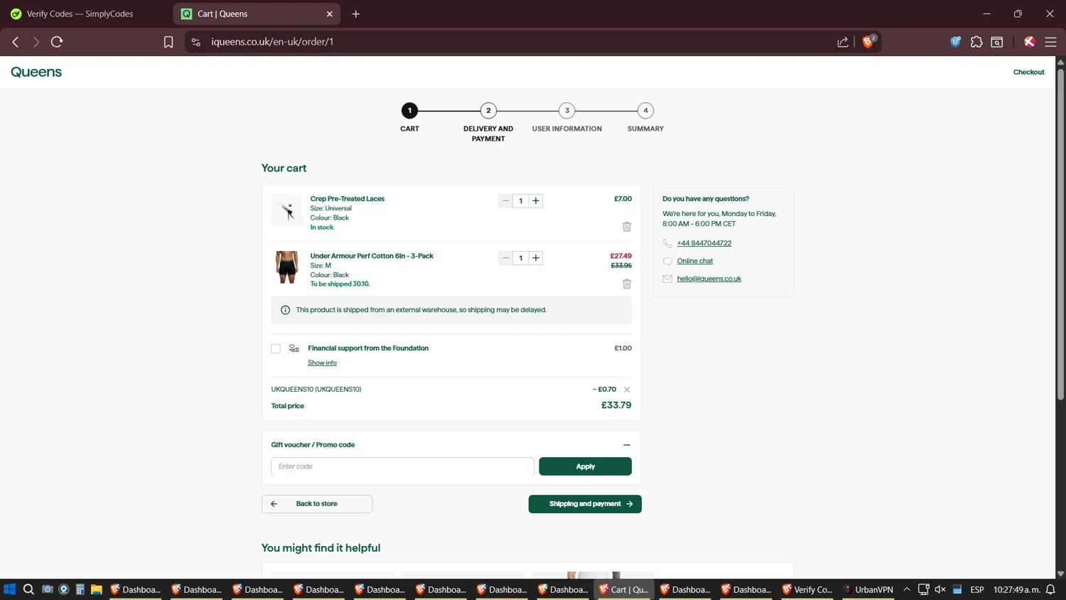 Queens UK promo code screenshot showing code UKQUEENS10 applied at Queens UK checkout page. Uploaded by SimplyCodes community member Shizuku on Oct 25, 2025
