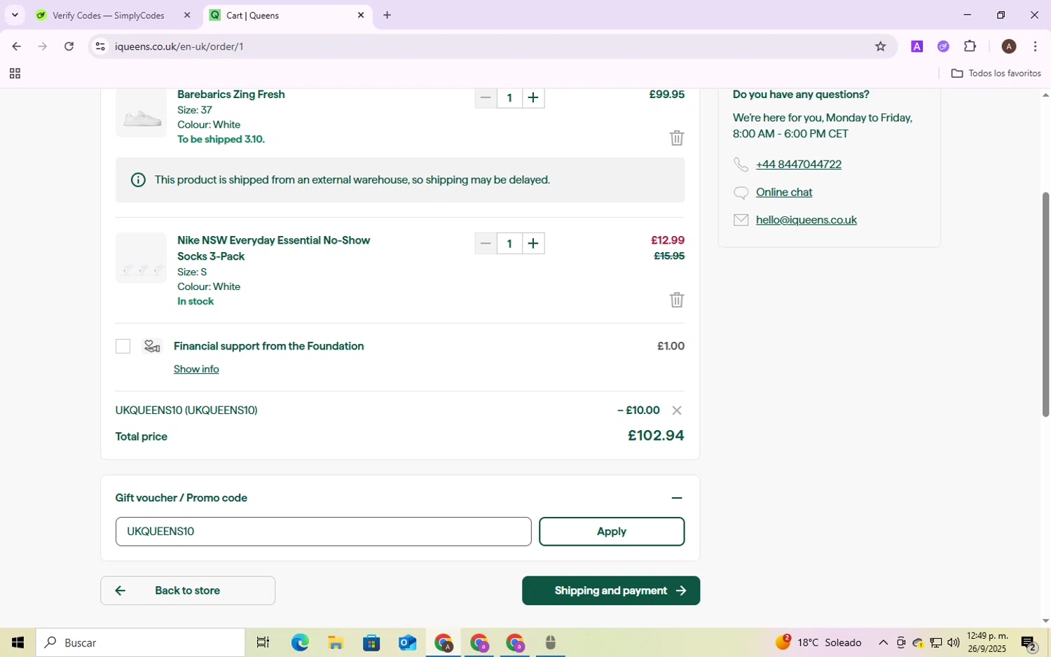 Queens UK checkout page showing Queens UK promo code box | Screenshot taken by SimplyCodes community member on Sep 26, 2025