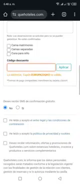 Quehoteles.com coupon verification screenshot