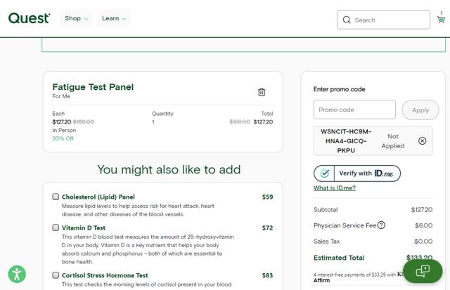Quest checkout page showing Quest promo code box | Screenshot taken by SimplyCodes community member on Aug 14, 2024