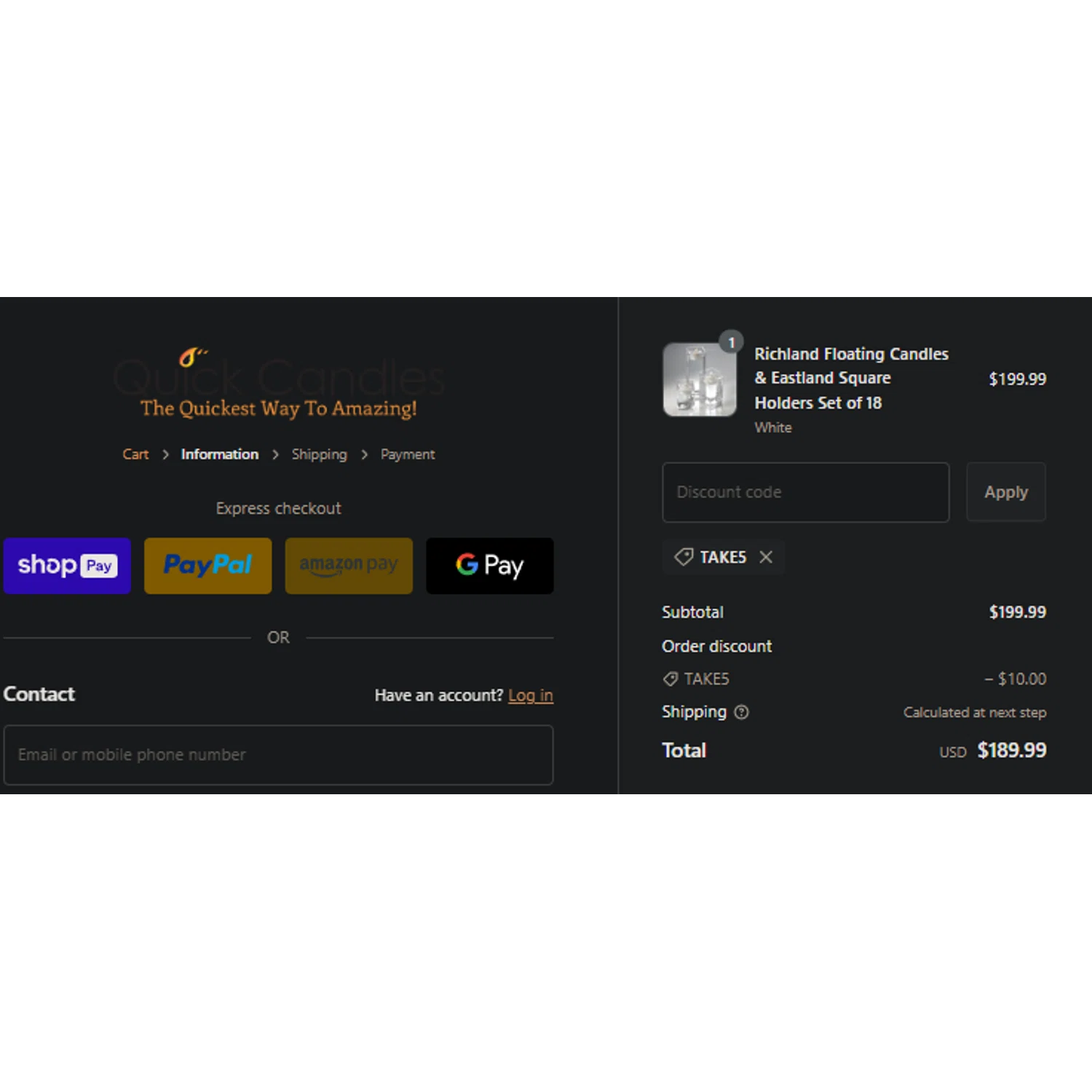 where to use Quick Candles promo code box
