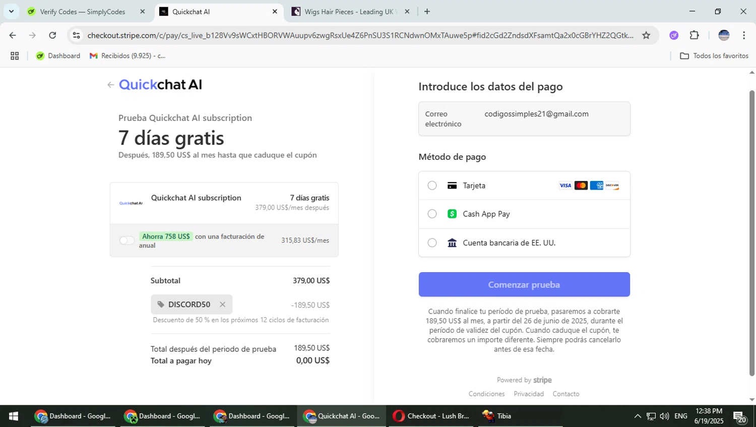 Quickchat AI promo code screenshot showing code DISCORD50 applied at Quickchat AI checkout page. Uploaded by SimplyCodes community member TrevorPhilips on Jun 19, 2025