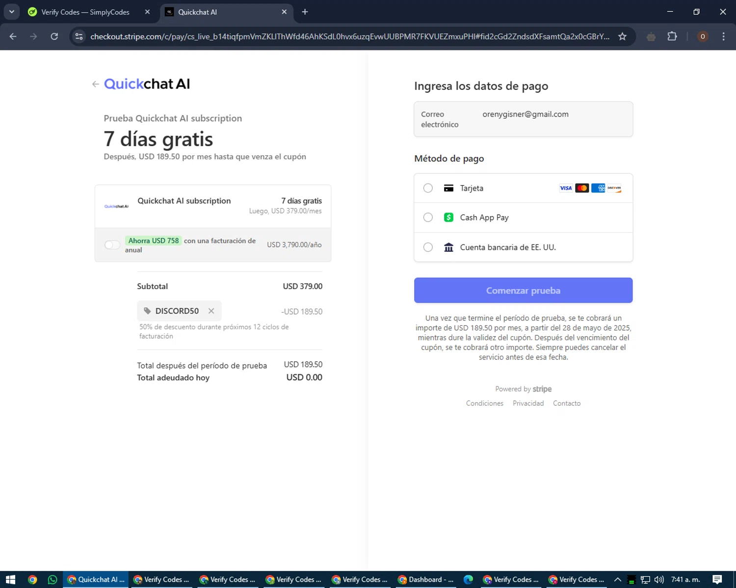 Quickchat AI checkout page showing Quickchat AI promo code box | Screenshot taken by SimplyCodes community member on May 21, 2025