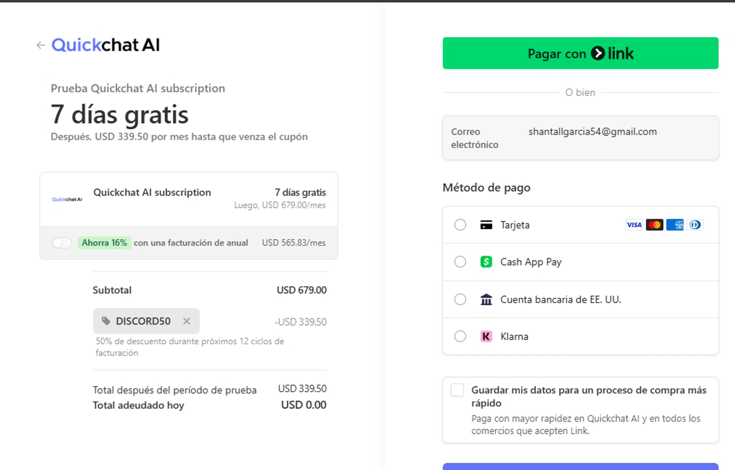Quickchat AI promo code screenshot showing code DISCORD50 applied at Quickchat AI checkout page. Uploaded by SimplyCodes community member leiraM on Jul 18, 2025