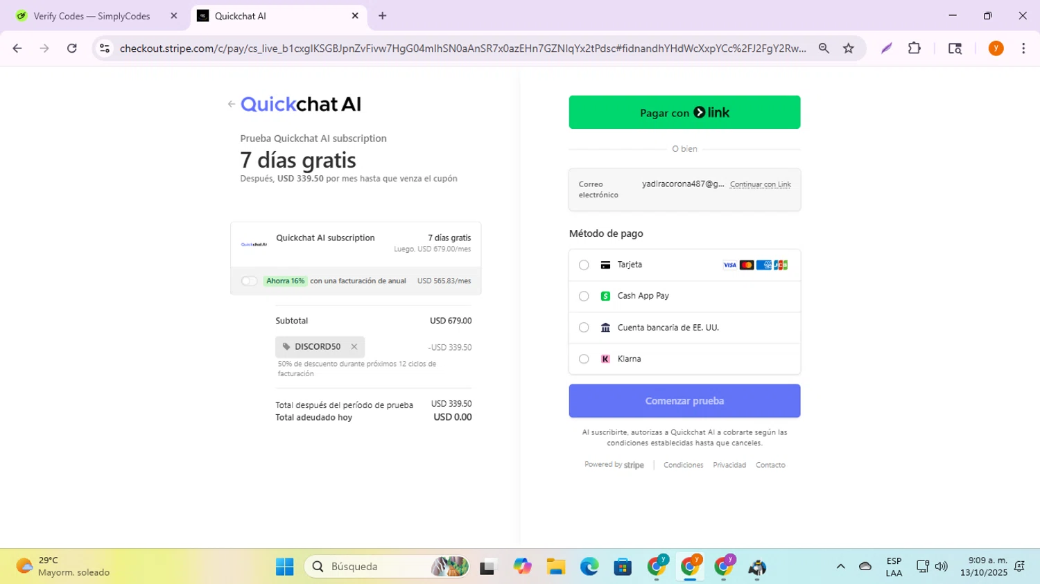 Quickchat AI promo code screenshot showing code DISCORD50 applied at Quickchat AI checkout page. Uploaded by SimplyCodes community member ycg487 on Oct 13, 2025