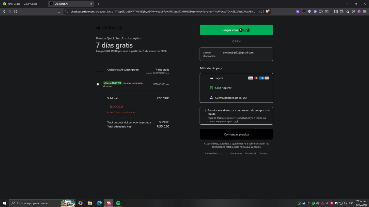 Quickchat AI promo code screenshot showing code BLACK2025 applied at Quickchat AI checkout page. Uploaded by SimplyCodes community member Tragedy on Dec 29, 2025